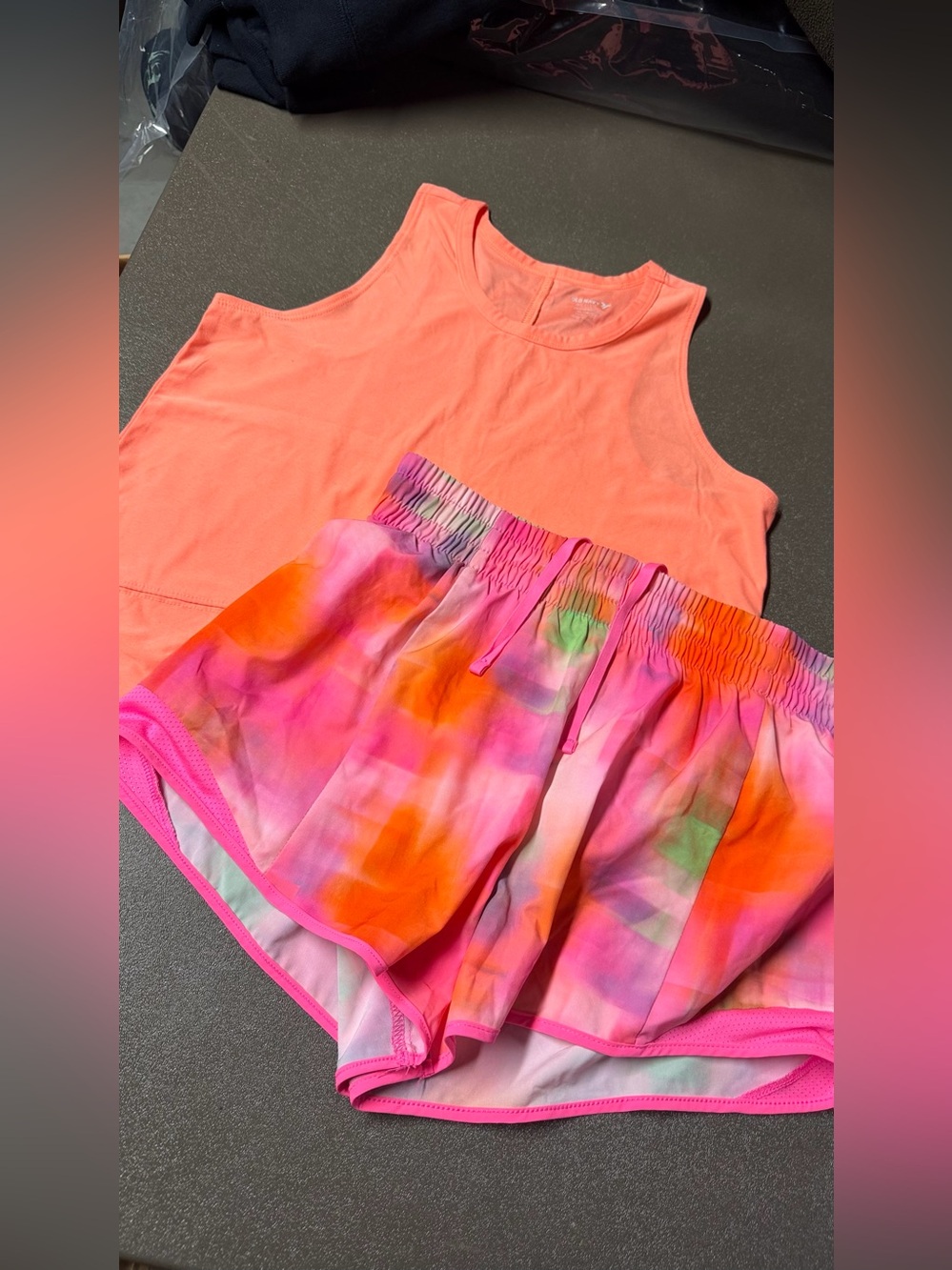 Old Navy Coral Tank with Pink-Orange Tie-Dye Shorts